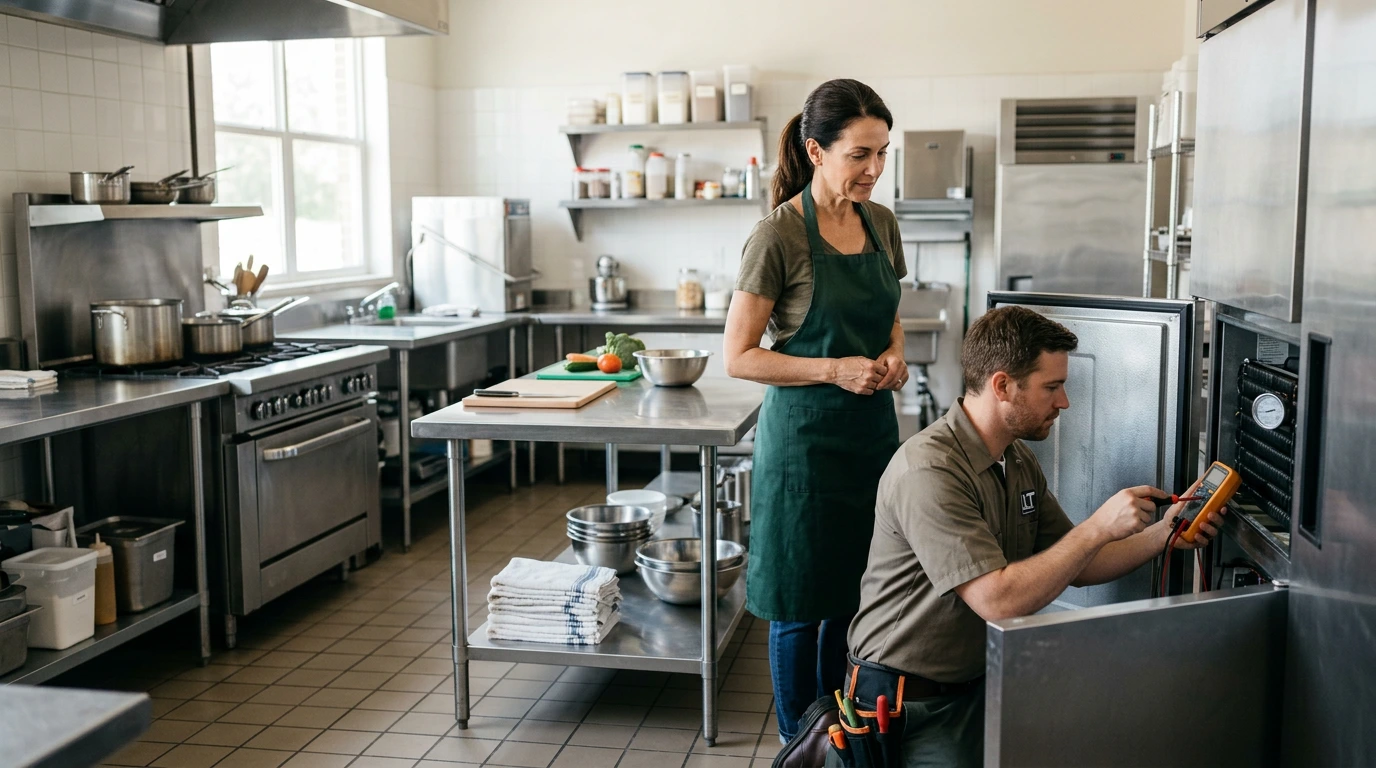 North Carolina restaurant owner reviewing commercial equipment with a service technician